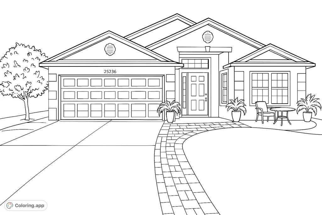 Color a charming suburban house featuring a welcoming front door, garage, and a neatly landscaped yard with a tree and outdoor seating. Perfect for aspiring home designers.