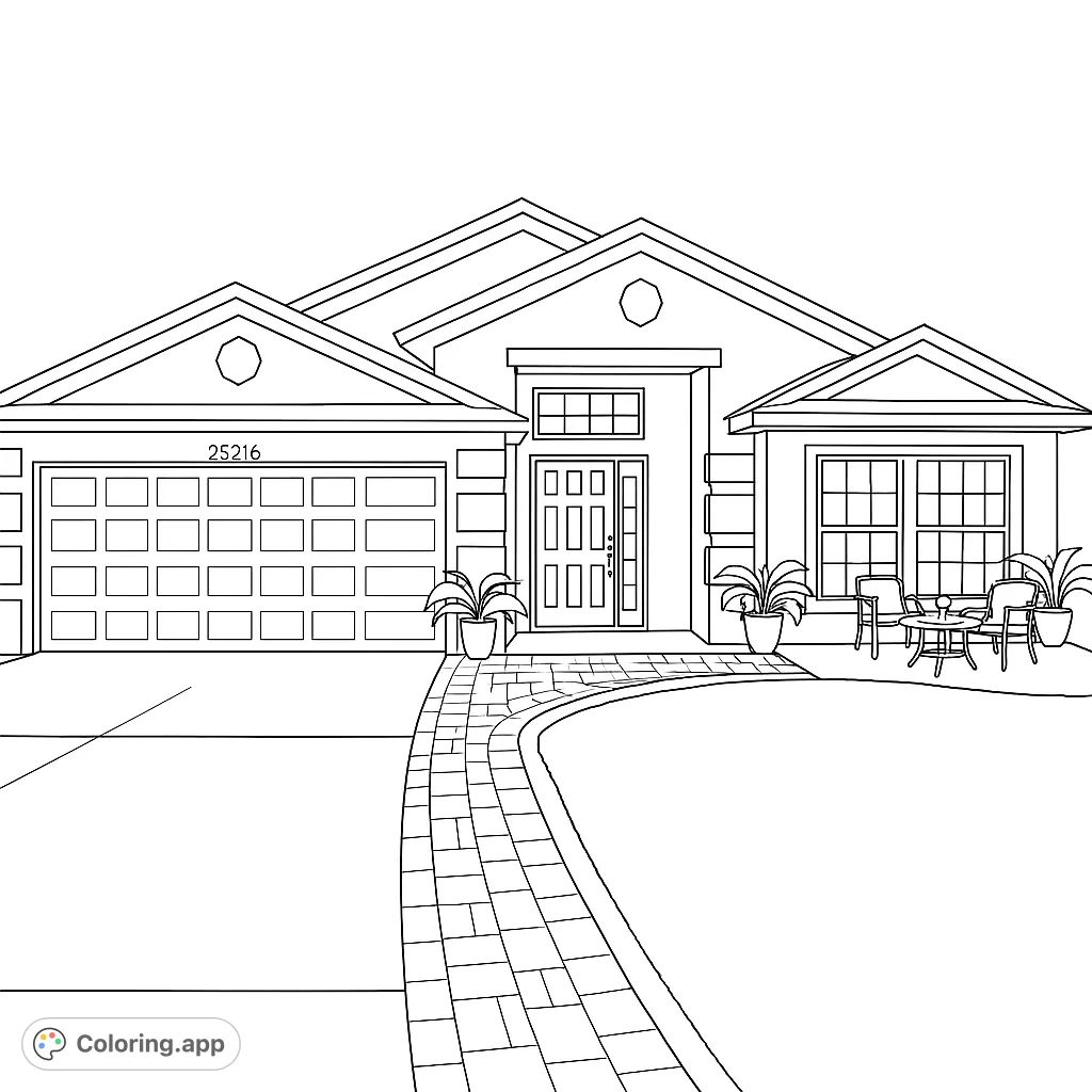 A charming suburban house featuring a welcoming front door, a spacious garage, and a cozy patio area, set amidst a well-maintained lawn and paved pathways.