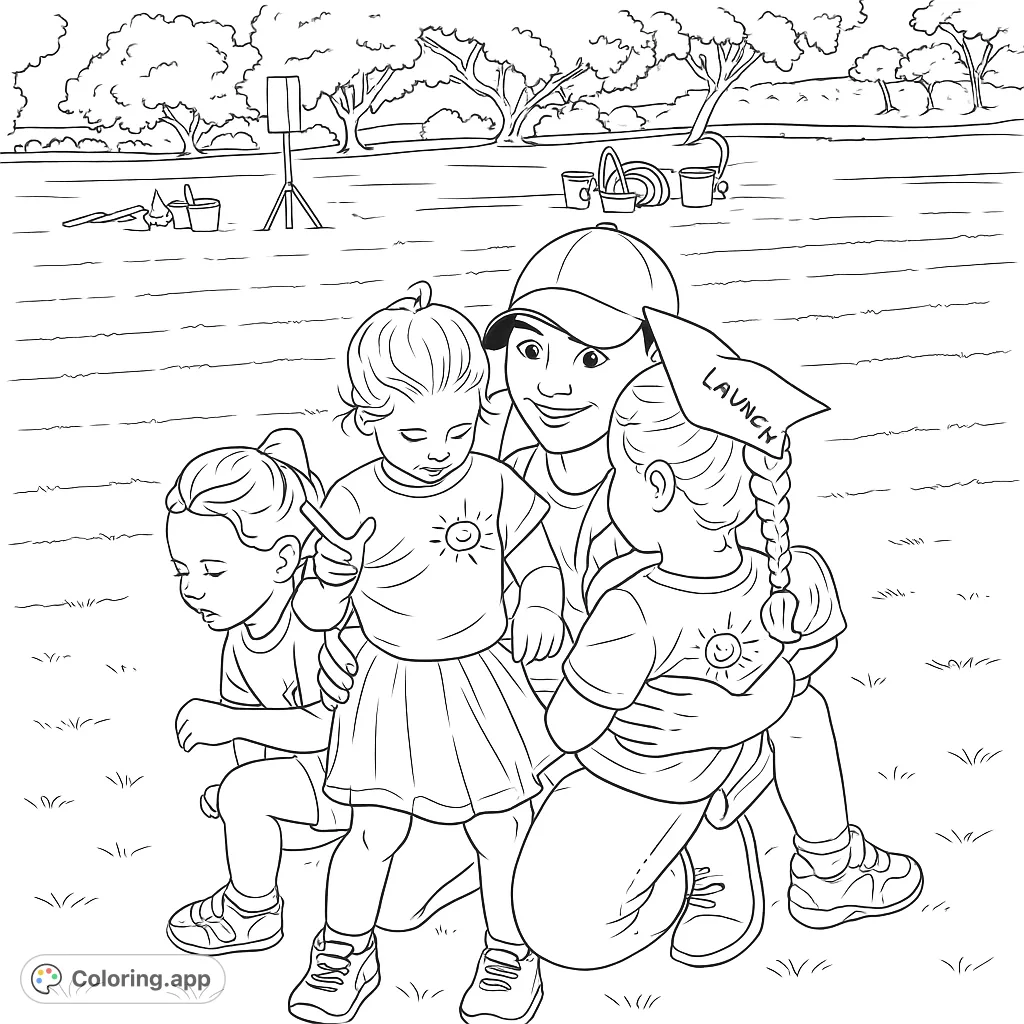 An adult and three children enjoy a playful moment on a grassy field, surrounded by trees and distant play equipment. A heartwarming outdoor scene.