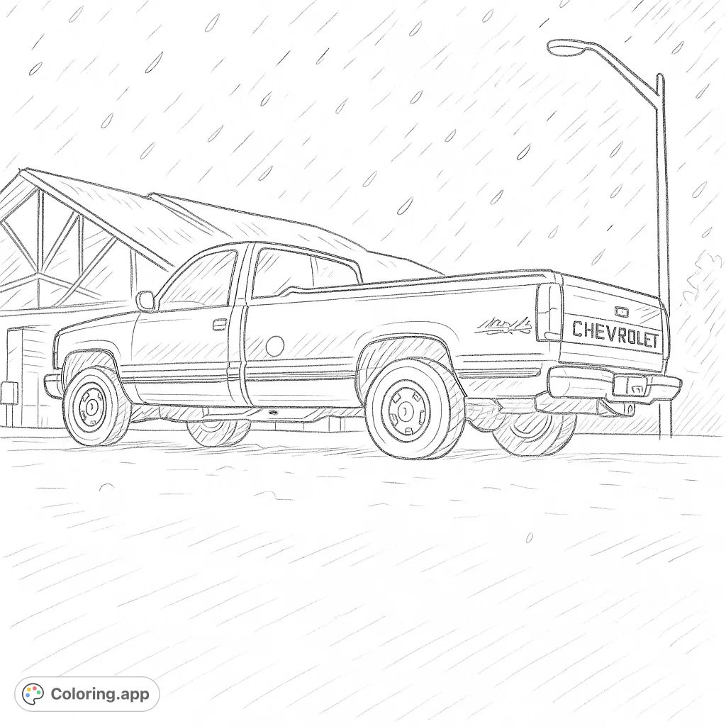 Color a powerful pickup truck under a snowy night sky, illuminated by a street light. Features a detailed truck with underglow, perfect for vehicle enthusiasts.