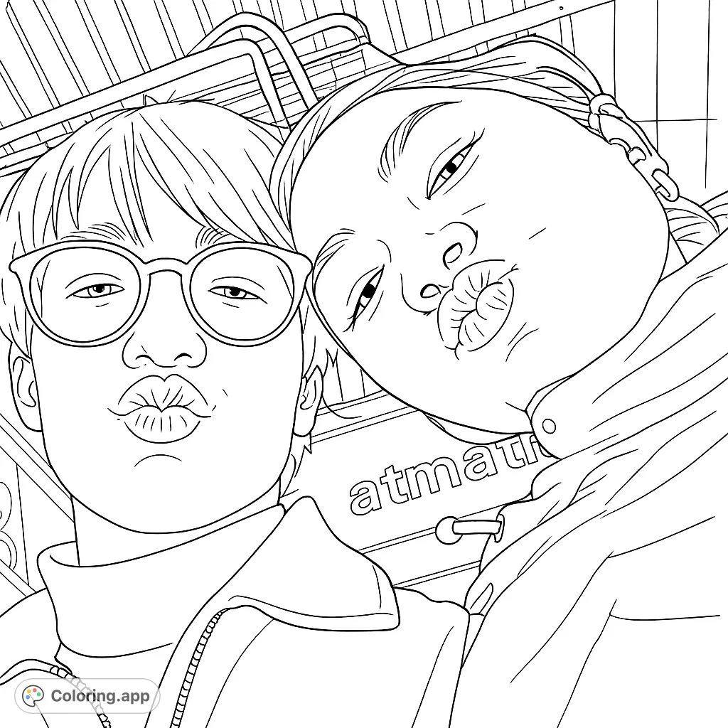 A fun coloring page featuring two friends making playful puckered faces, perfect for expressing creativity and connection. Capture a moment of youthful joy.