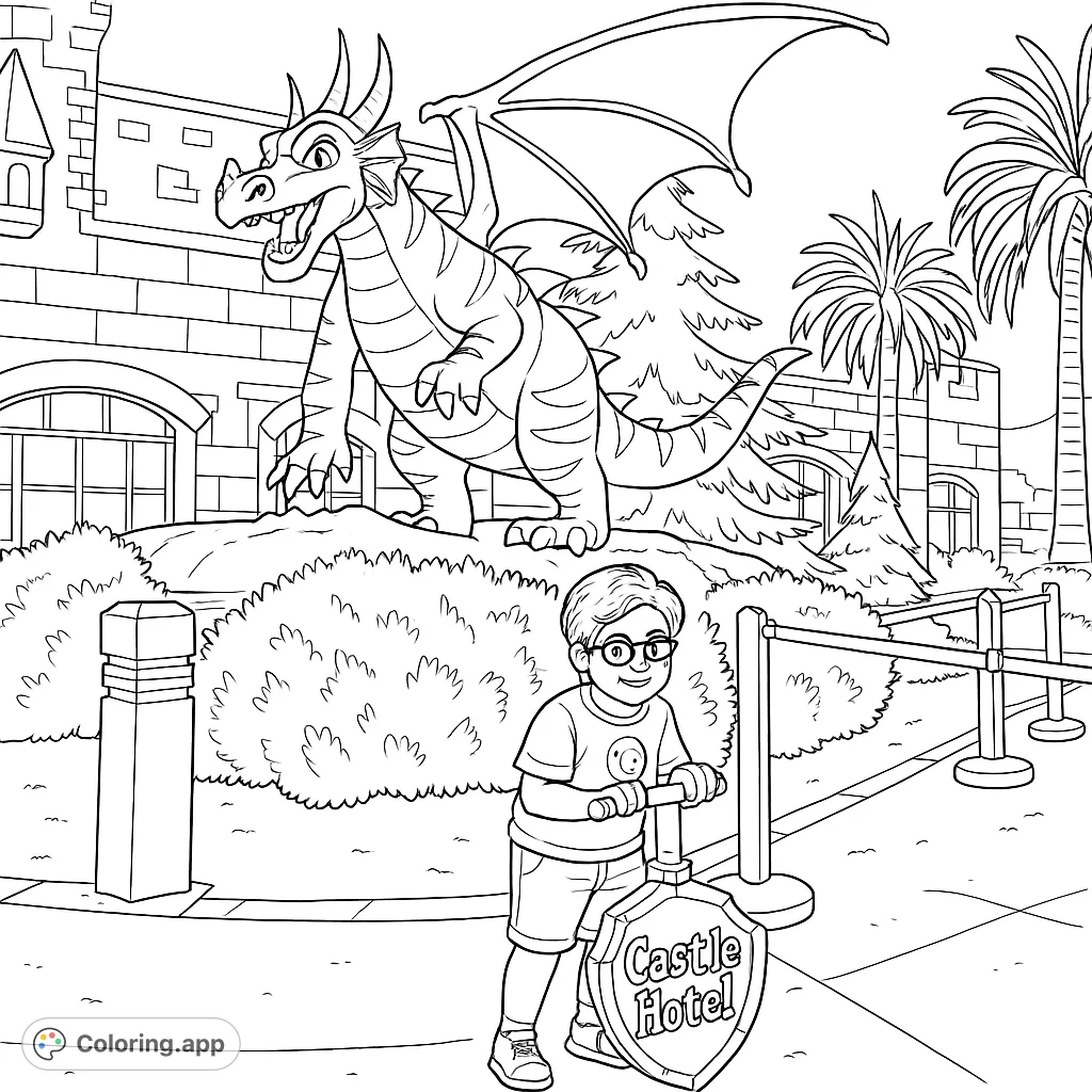 Embark on a fantasy adventure! Color a magnificent block-built dragon guarding a grand castle, with a brave child and a "Castle Hotel" sign.