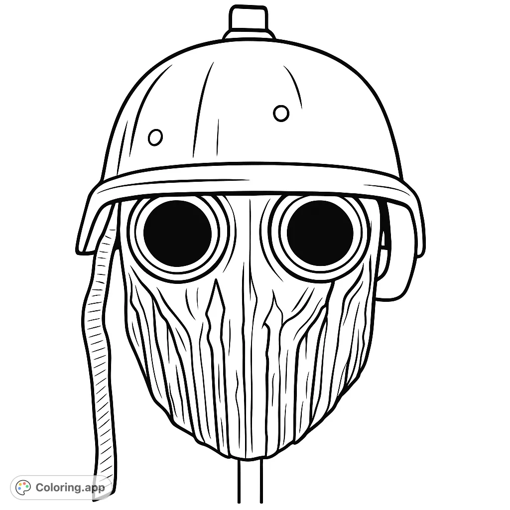 Unleash your creativity on this intricate futuristic warrior mask coloring page. Features a detailed helmet and a textured, alien-like face with prominent eyeholes.