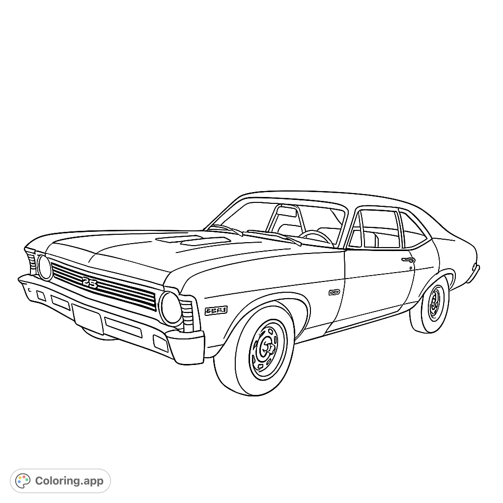 Color a powerful classic American muscle car, featuring iconic design elements like hood scoops, a detailed grille, and chrome accents.