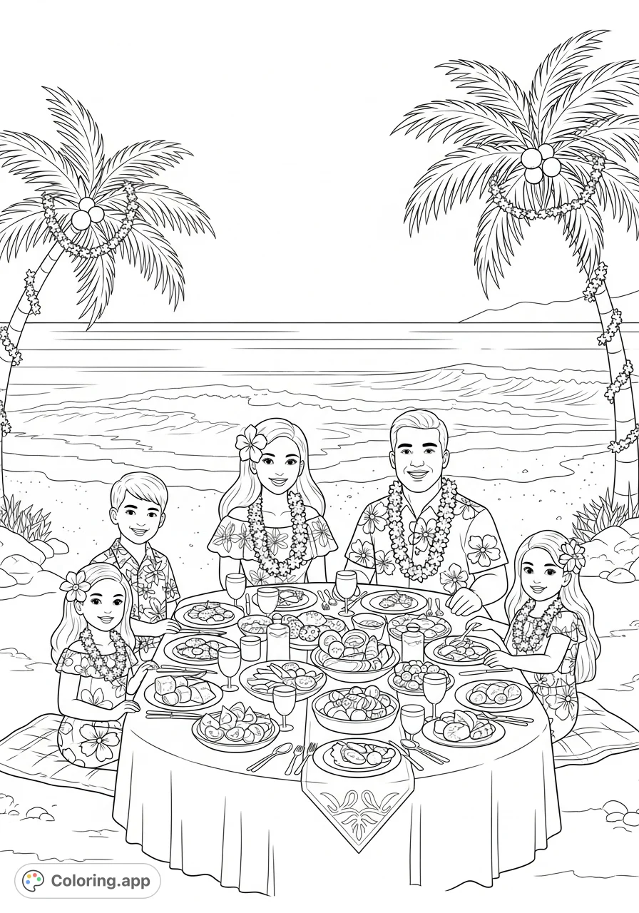 A joyful Hawaiian family enjoys a festive Christmas dinner on a sandy beach, surrounded by tropical elements and the serene ocean vista. Perfect for holiday coloring!