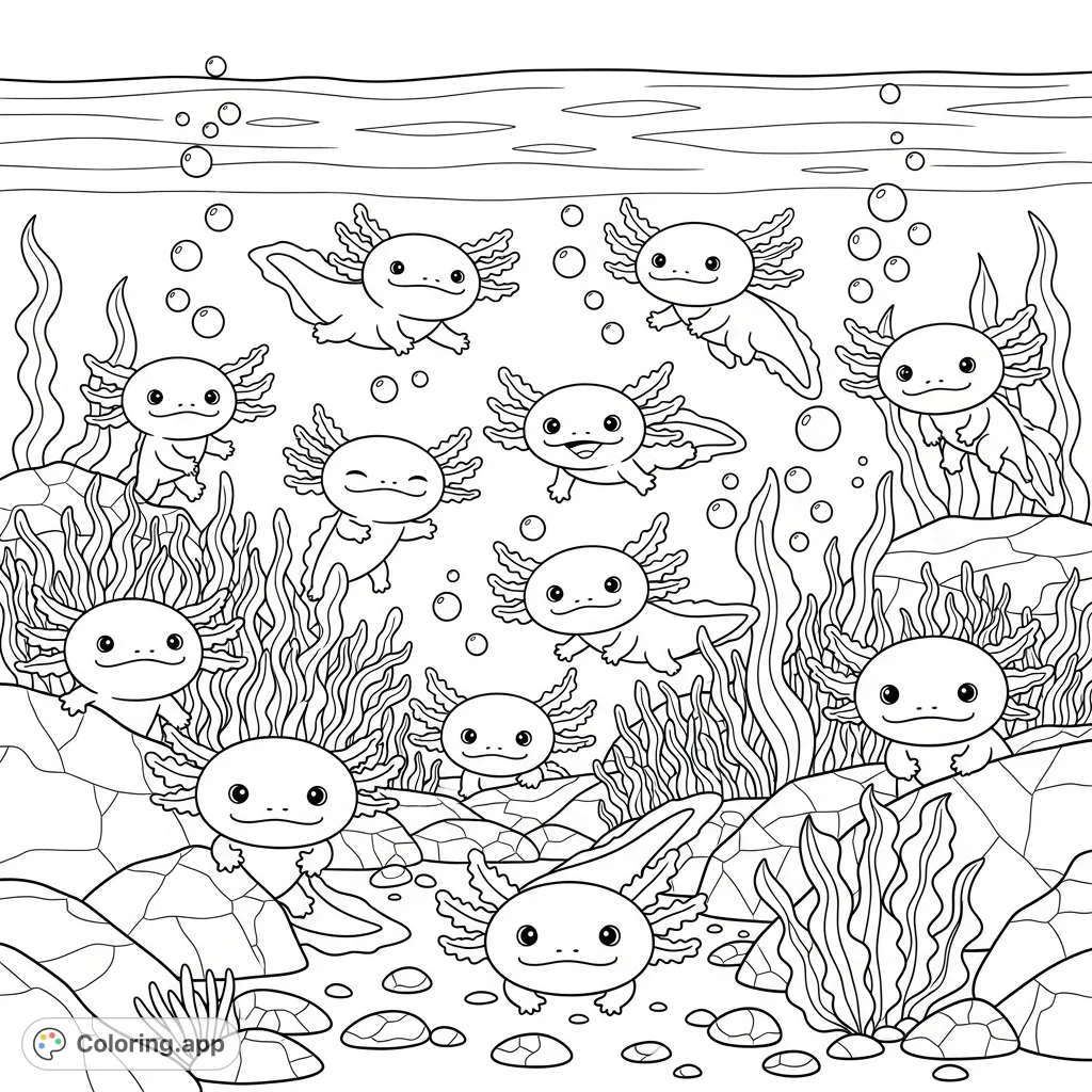 Dive into an enchanting underwater world with twelve adorable axolotls, surrounded by intricate seaweed, rocks, and playful bubbles. A delightful scene!