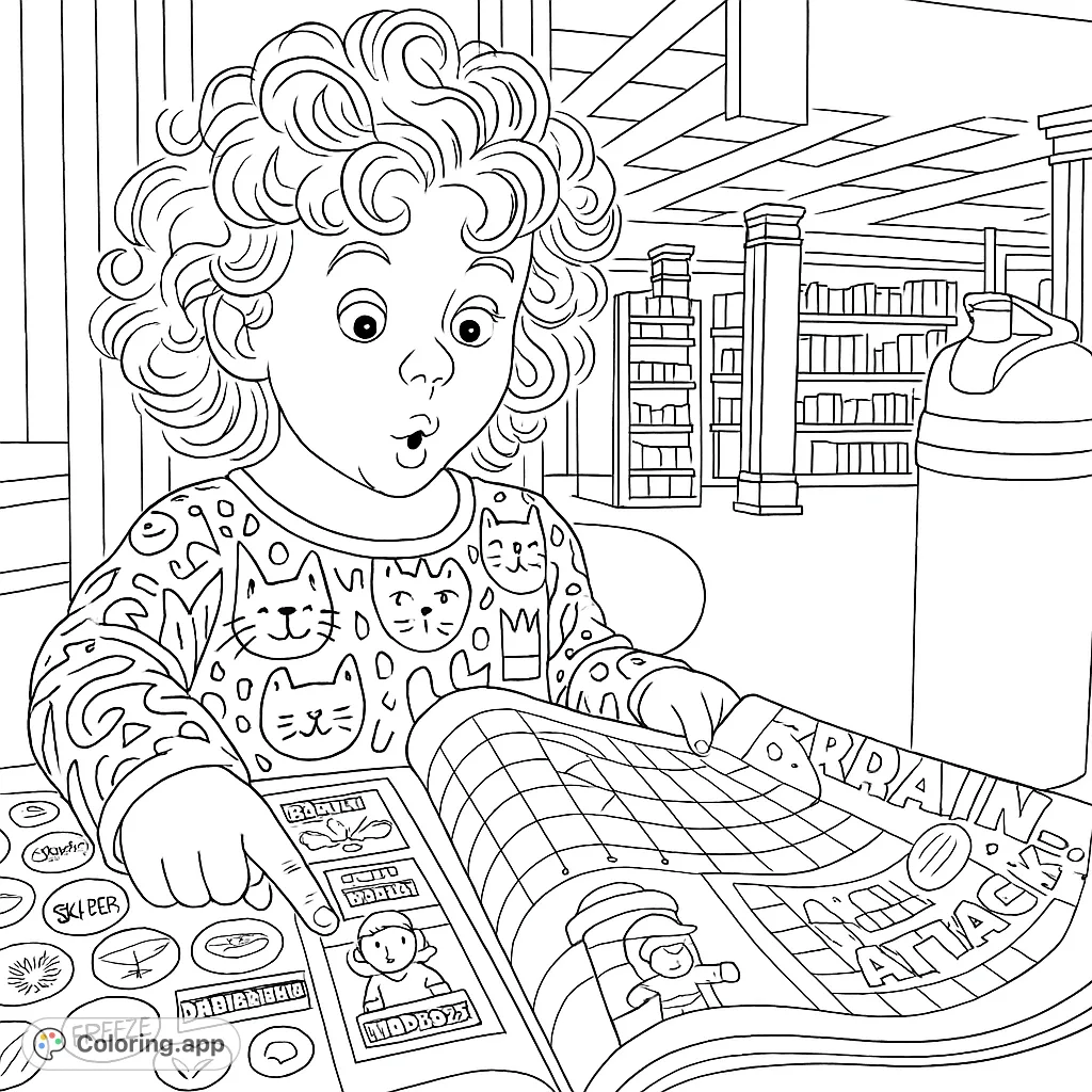 A delightful coloring page featuring a curious child engrossed in an activity book, pointing at a fun character. Perfect for young explorers!