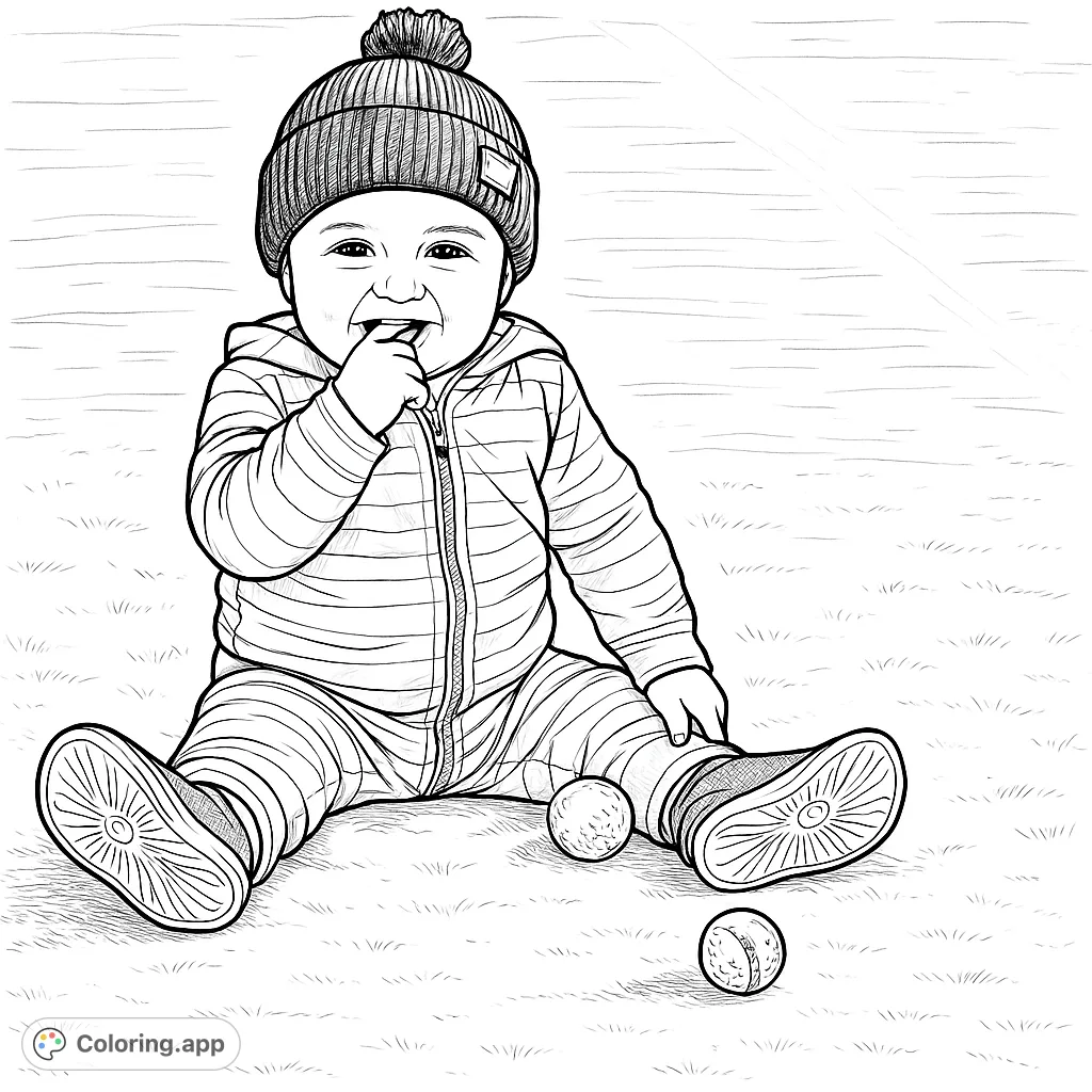 An adorable baby in a striped outfit and beanie, sitting on a golf course with golf balls, ready for a playful coloring adventure.