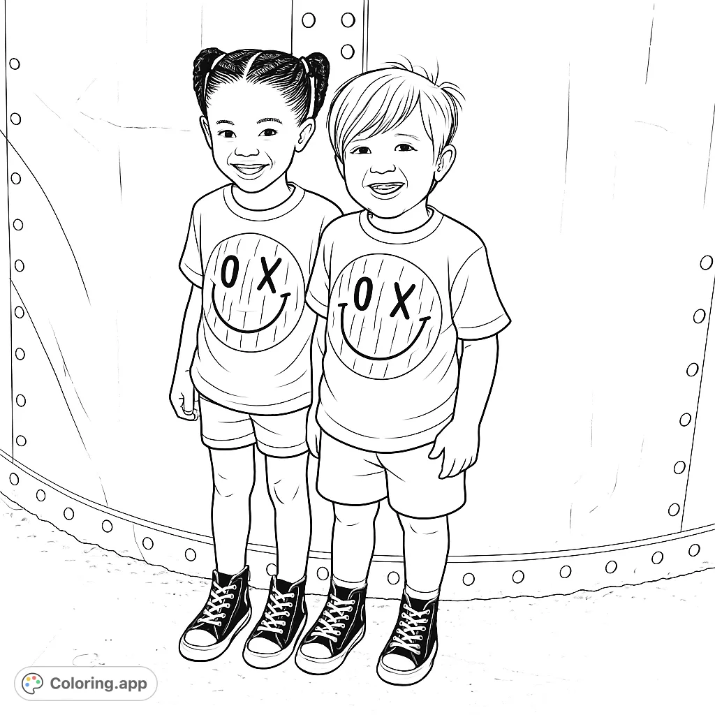 A cheerful coloring page featuring two smiling children in matching smiley face shirts and high-top sneakers, standing against a textured wall.