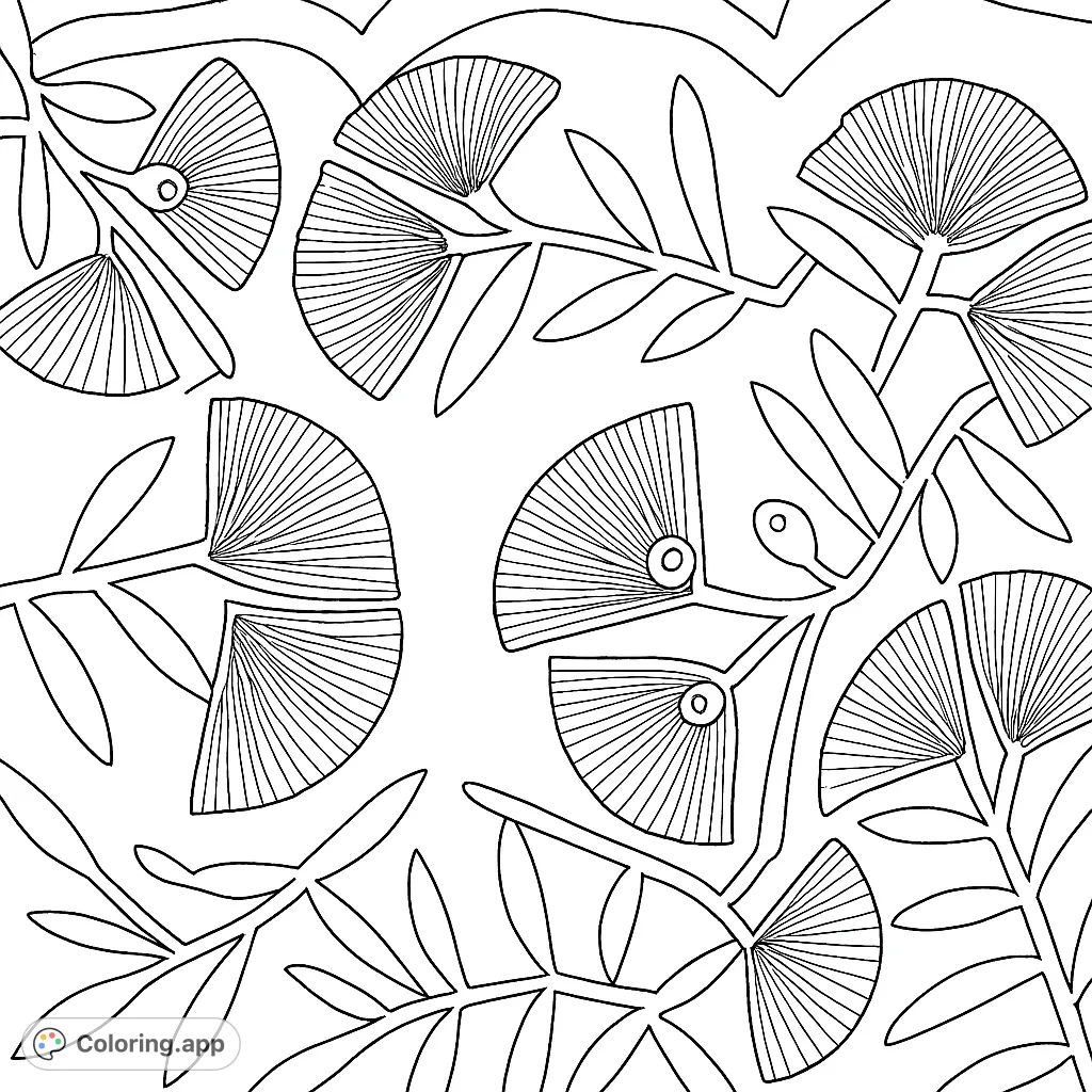 Explore a delicate embroidered floral pattern with fan-shaped leaves, intricate stems, and sparkling embellishments on a mesh background. A detailed botanical coloring page.