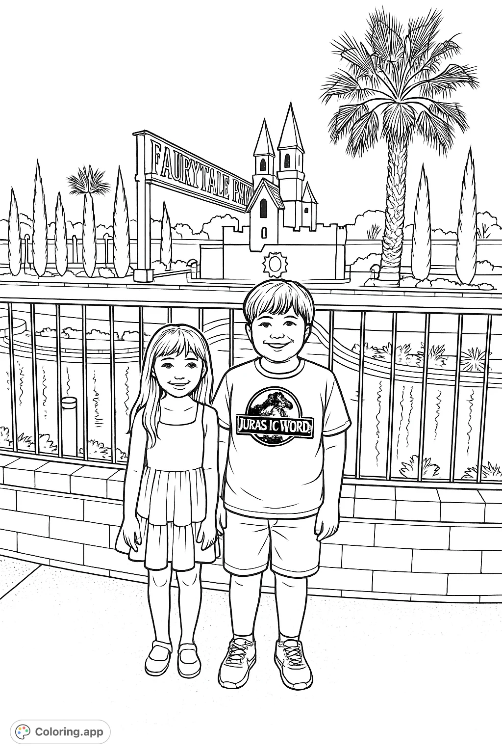 Two children pose in front of a whimsical miniature golf castle and pond, surrounded by trees and a distant bridge. A fun scene for all ages.