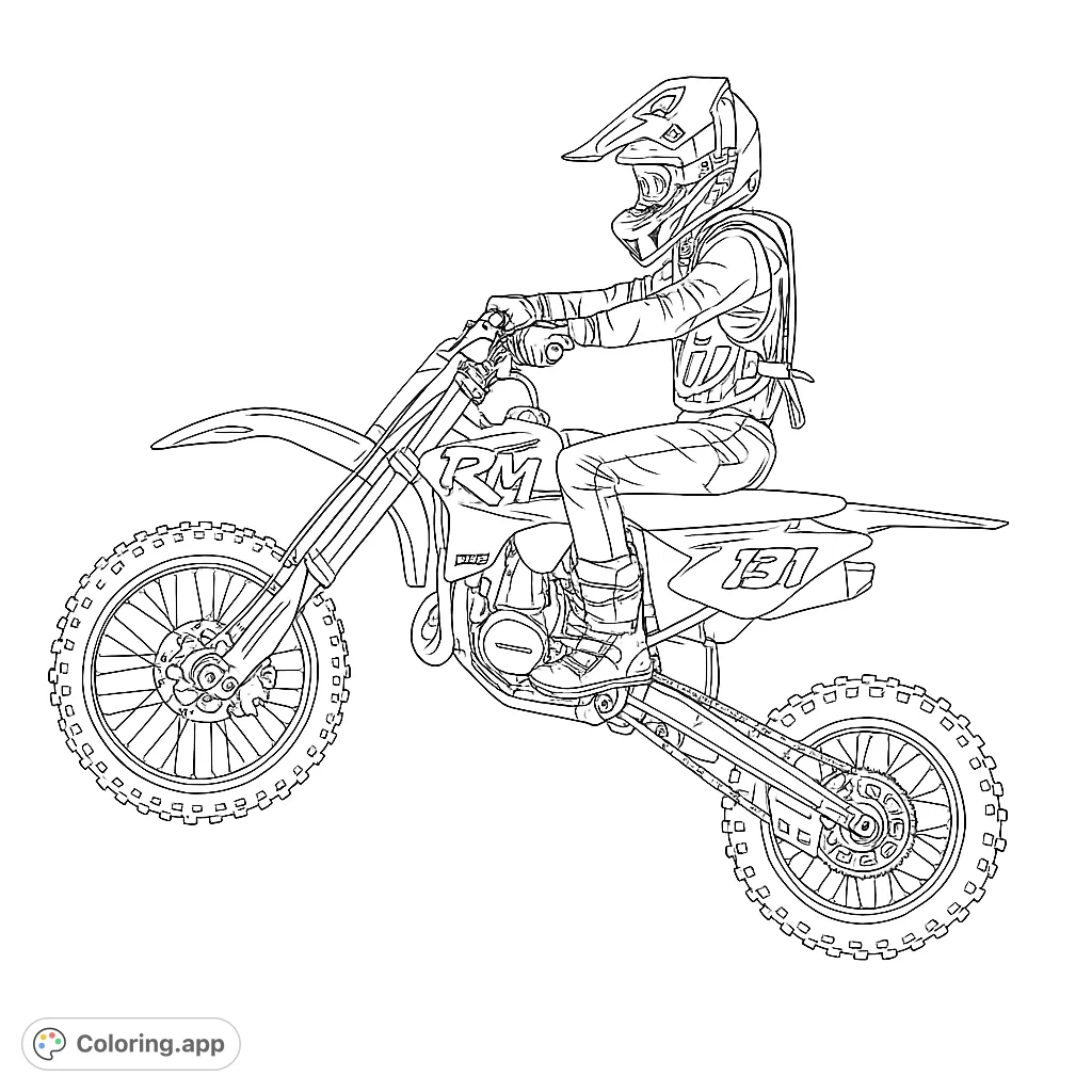 Experience the thrill of motocross with this dynamic coloring page featuring a rider on a dirt bike mid-jump. Perfect for fans of extreme sports and vehicles.