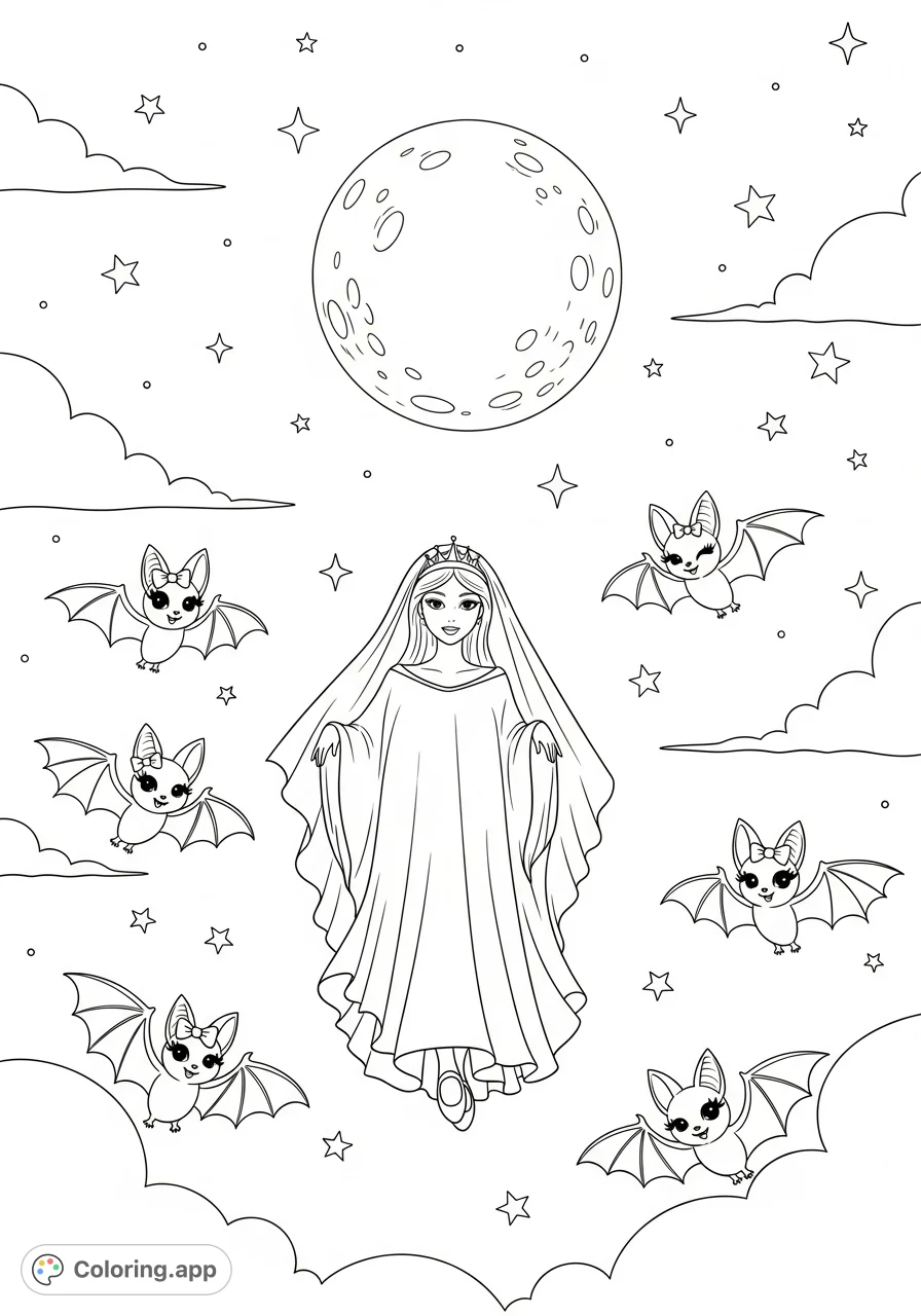 A whimsical princess ghost floats gracefully, surrounded by charming, girly bats under a beautiful, luminous moon and a sky filled with twinkling stars.