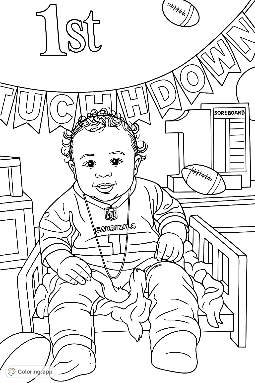 Celebrate a special milestone with this adorable football-themed baby coloring page. Features a cute baby in a jersey, surrounded by festive sports decorations.