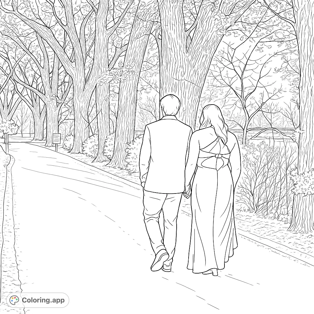 A couple walks hand-in-hand down a tree-lined avenue, creating a serene and romantic scene perfect for a relaxing coloring experience.