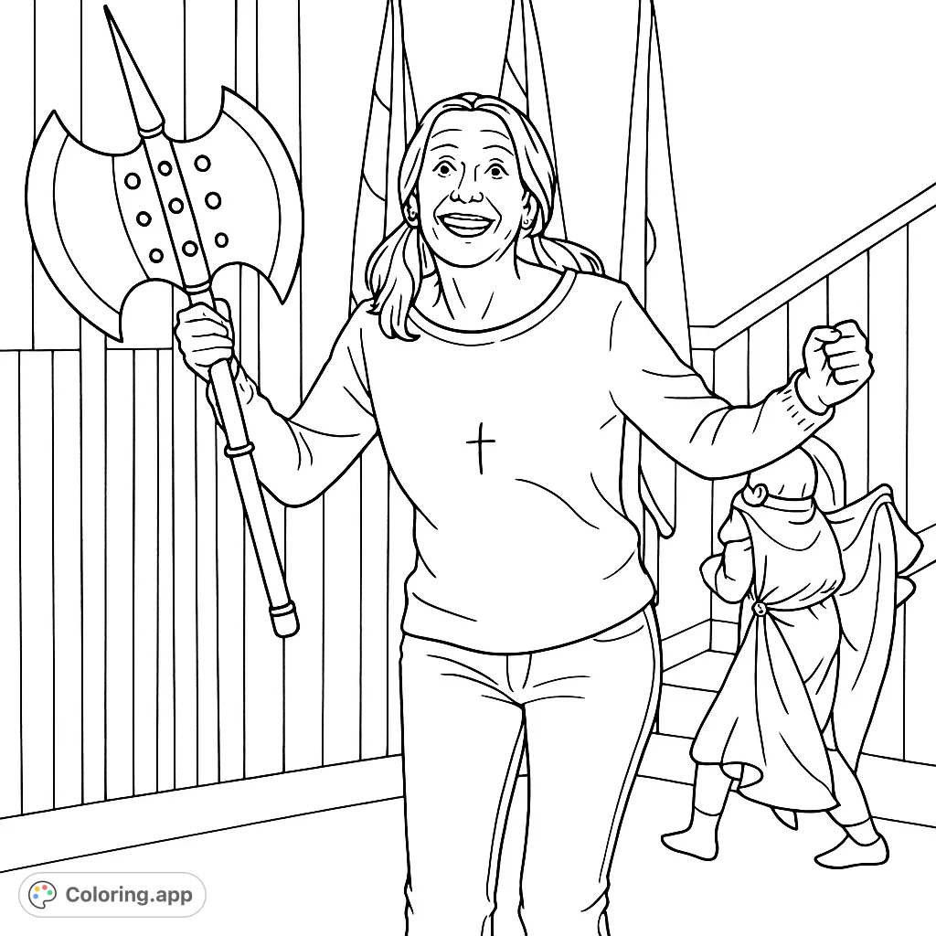 A dynamic woman with a large axe and a joyful expression, ready for adventure. Perfect for those who love strong characters and imaginative scenes.