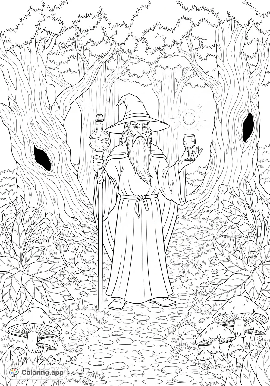 Embark on a magical journey with a wise wizard in a mystical forest. Discover ancient trees, a glowing orb, and fantastical flora in this enchanting scene.