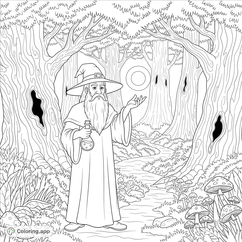 A wise wizard holds a magic potion and a glowing orb in a mystical forest, surrounded by ancient trees and fantastical plants. A captivating fantasy wizard coloring page.