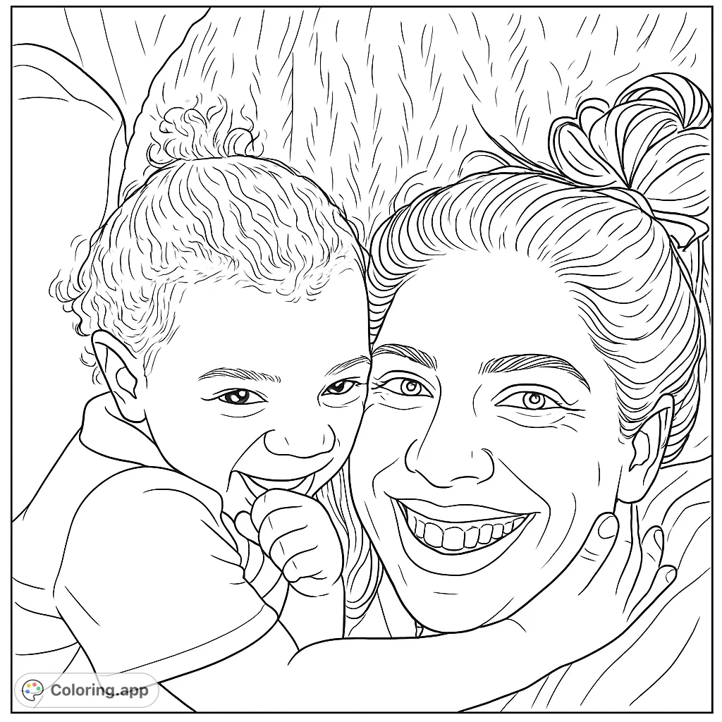 Capture a heartwarming moment of a mother and child sharing a joyful embrace. This sweet family portrait offers a delightful coloring experience for all ages.