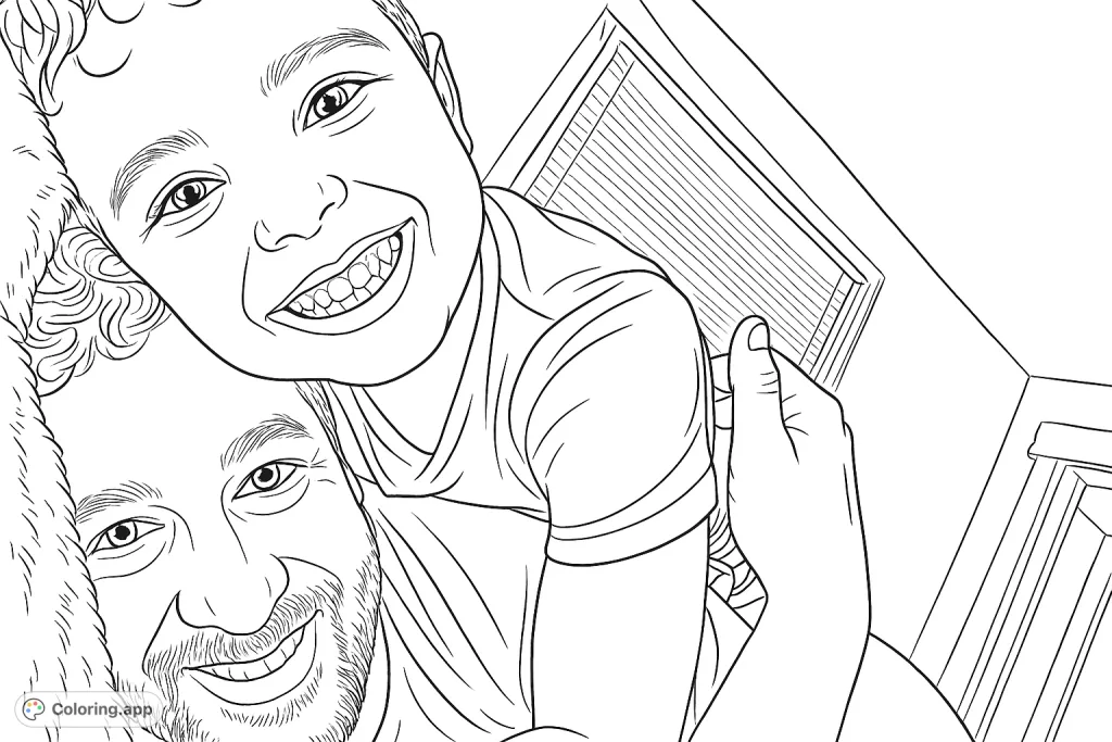 Capture a heartwarming moment between a father and son, sharing a joyful hug and big smiles. A perfect family coloring page for all ages.