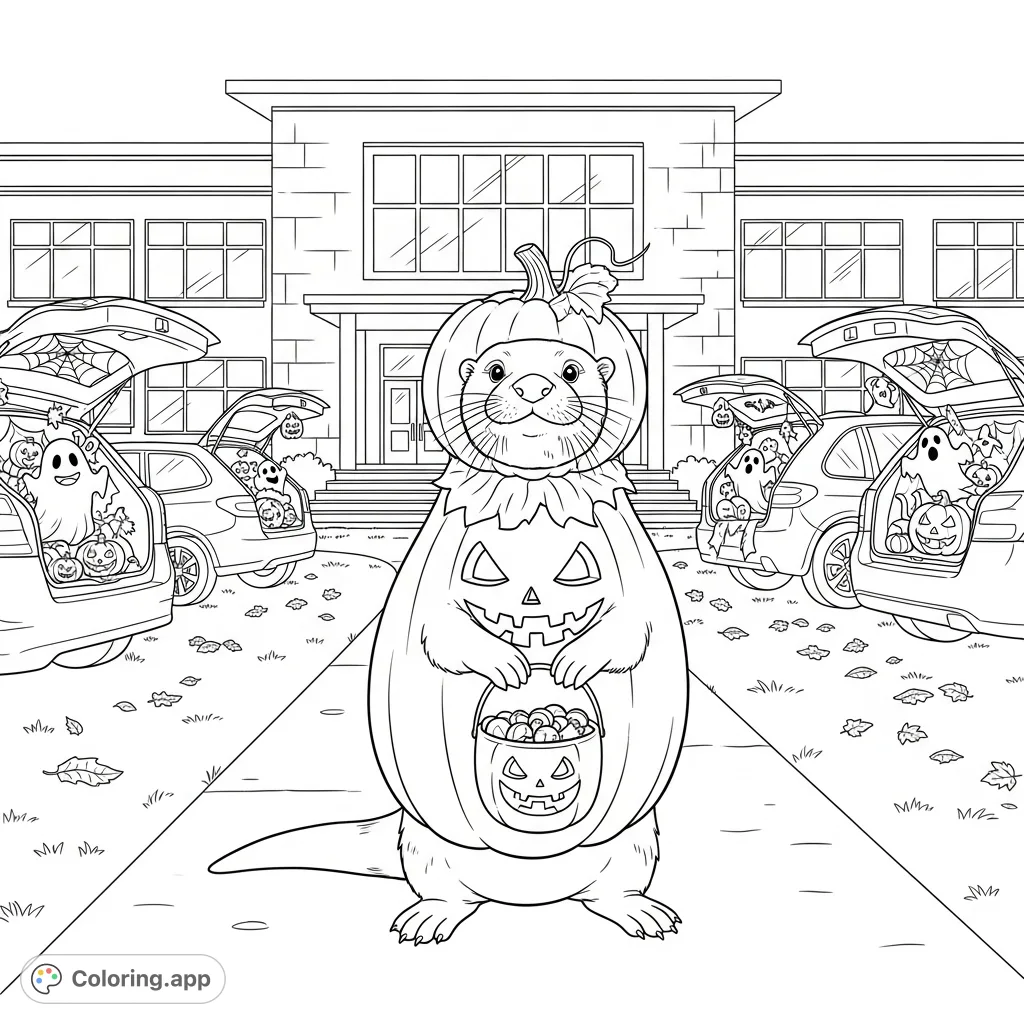 A charming river otter in a pumpkin costume holds a candy bucket at a festive school trunk-or-treat event, surrounded by decorated cars and autumn leaves.
