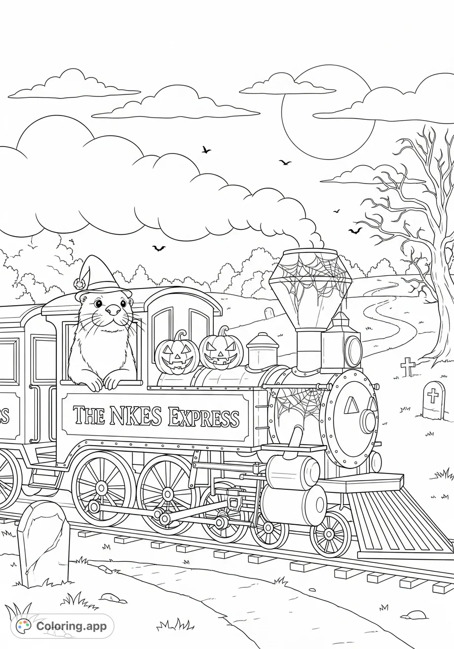 Embark on a whimsical Halloween journey with a river otter aboard "The NKES Express," adorned with pumpkins and cobwebs under a full moon.