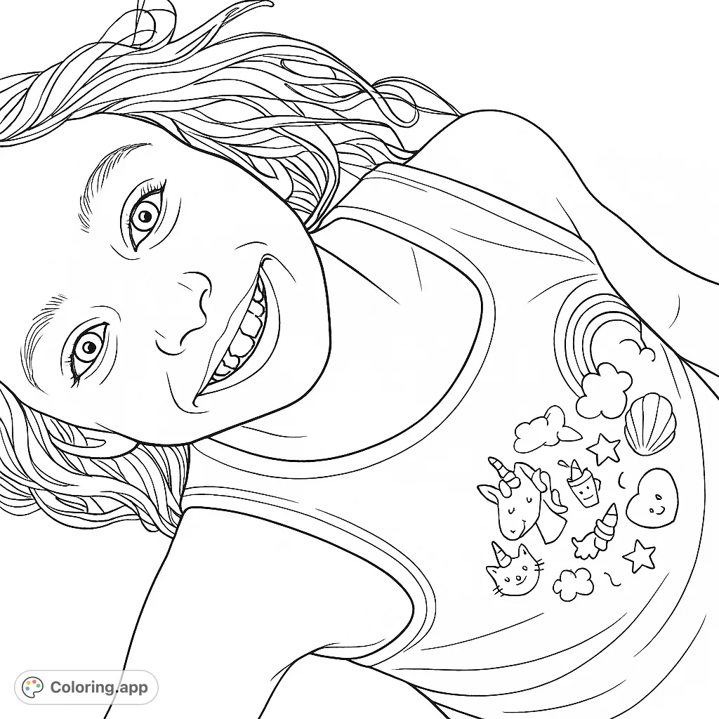 A cheerful girl with a wide smile, wearing a tank top featuring a rainbow, unicorn, cupcakes, and other delightful designs. Perfect for creative coloring fun!