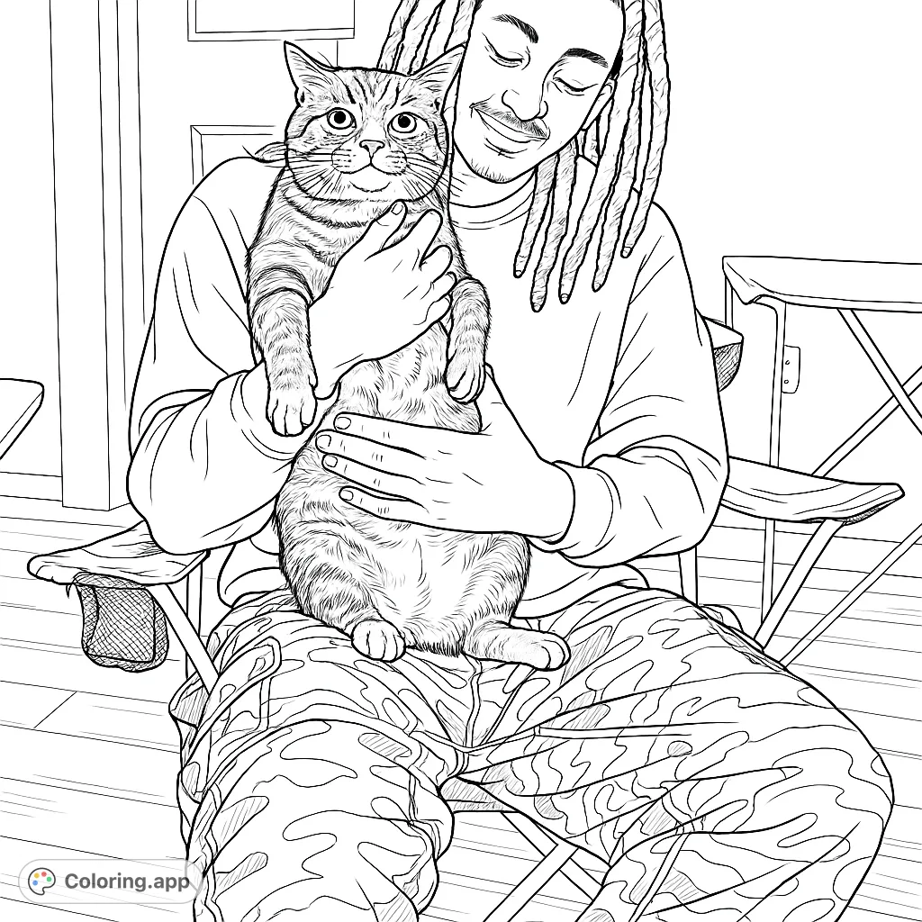 A heartwarming coloring page featuring a person gently holding a patterned cat, perfect for animal lovers and relaxation. Explore textures and patterns.
