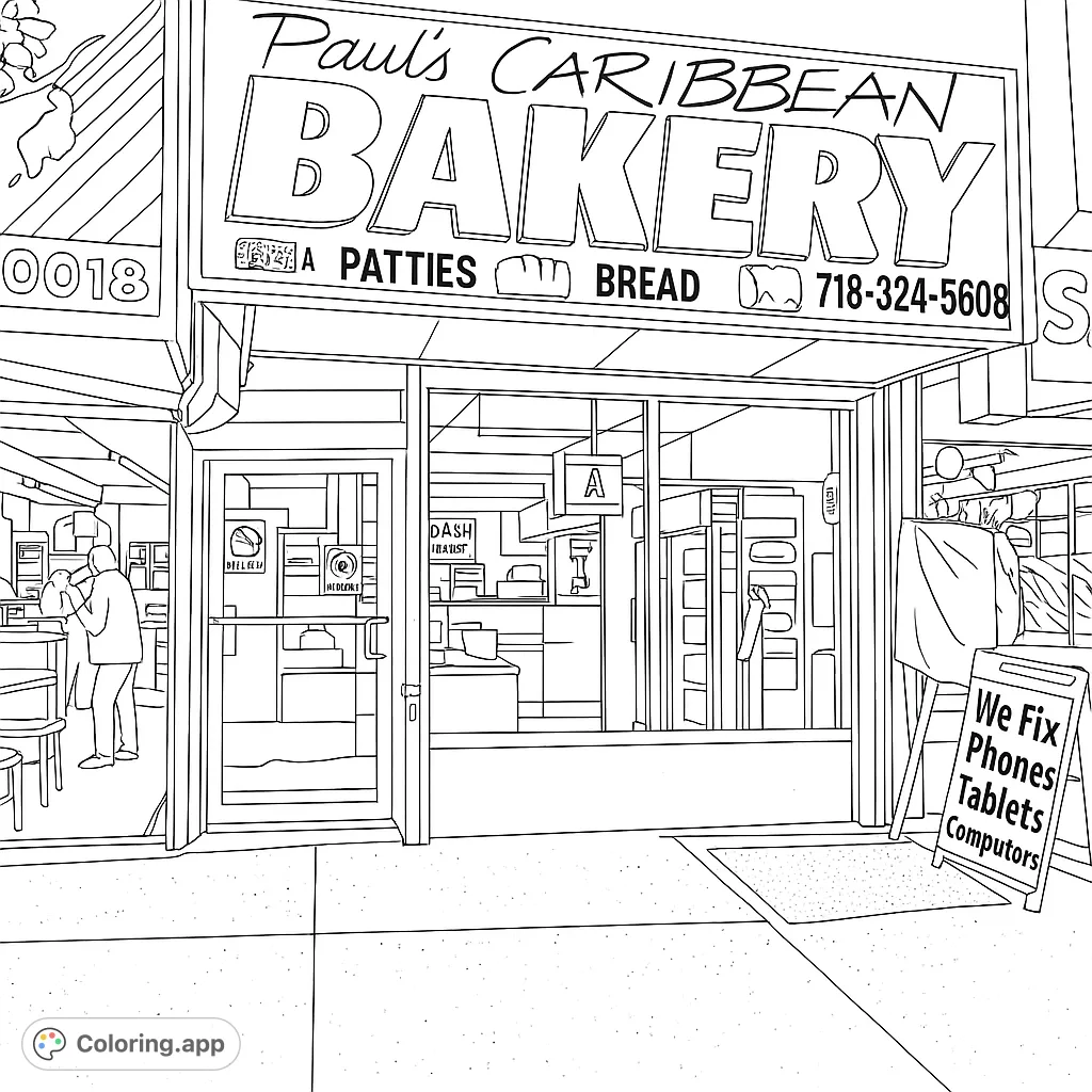 Explore a bustling Caribbean bakery storefront, complete with detailed signs, window displays, and urban sidewalk elements. A challenging and rewarding coloring page.