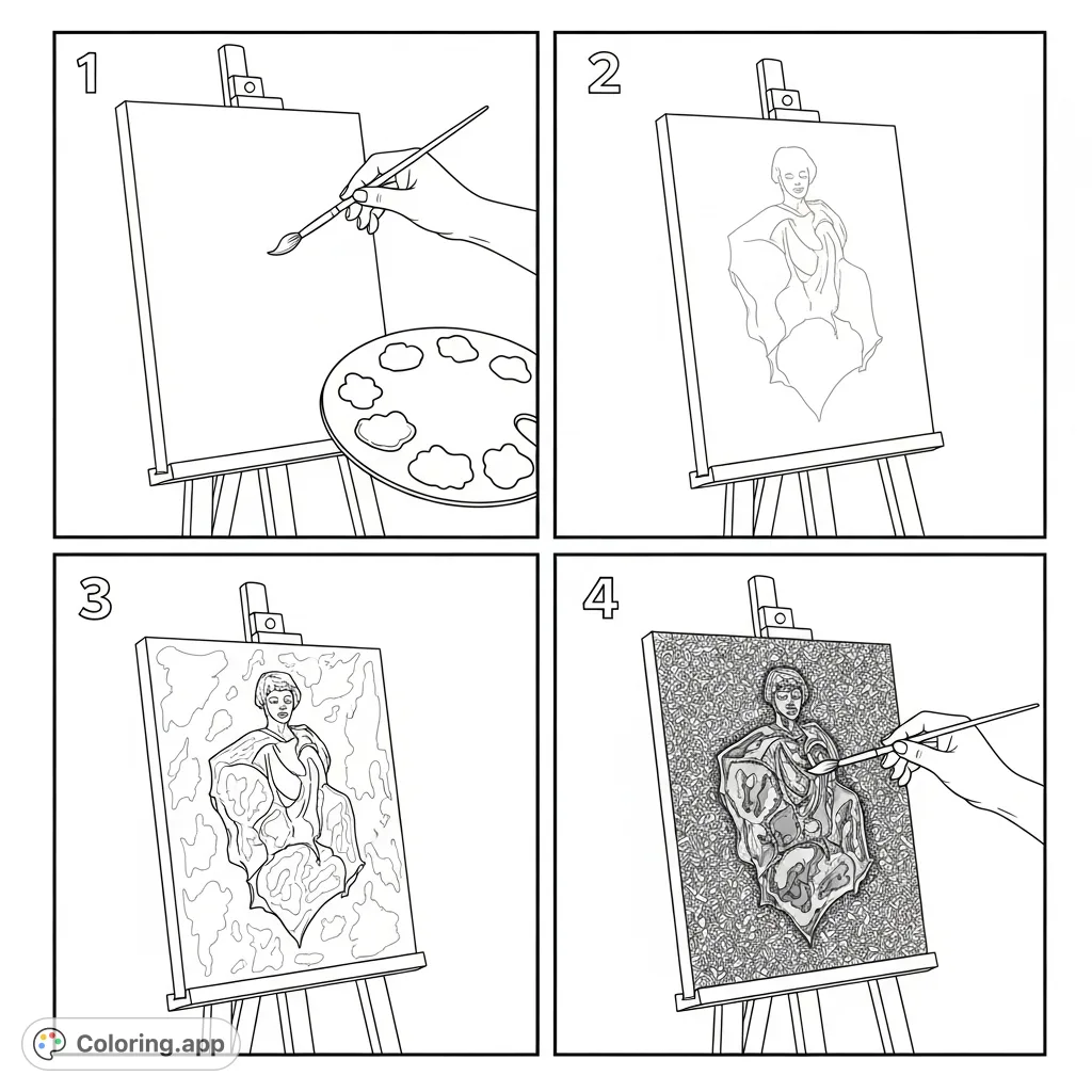 Explore the artistic journey with this painting steps coloring page. Four panels illustrate the progression from a blank canvas to a detailed artwork, perfect for aspiring artists.
