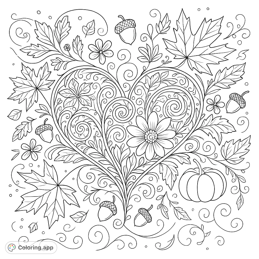 An intricate heart filled with autumn leaves, acorns, and a pumpkin, surrounded by swirling botanical elements. Perfect for fall-themed coloring.