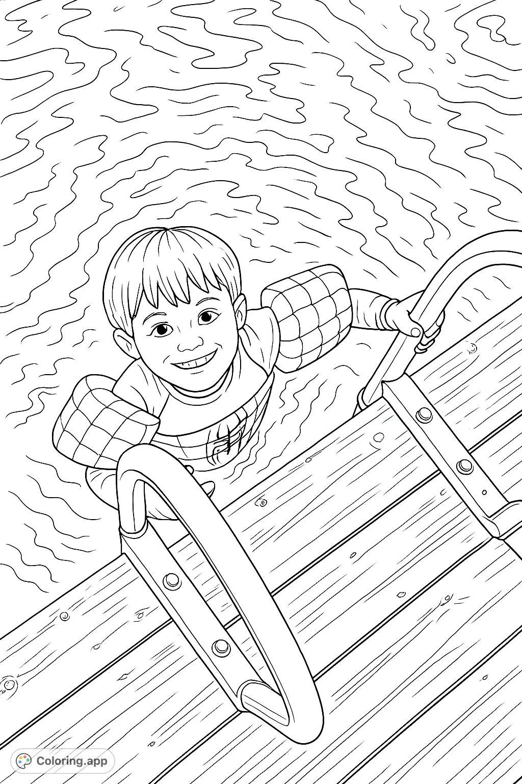 A cheerful boy in web-patterned floaties enjoys a swim by a wooden dock, holding onto a ladder. Perfect for a fun summer coloring adventure!