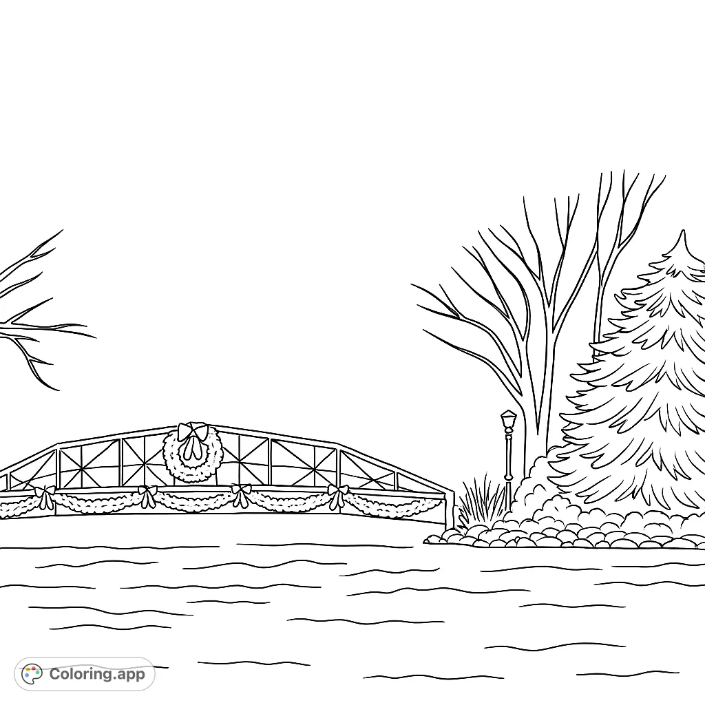 A charming winter scene featuring a garland-decorated bridge over water, flanked by festive trees and a lamppost. Perfect for holiday coloring fun!