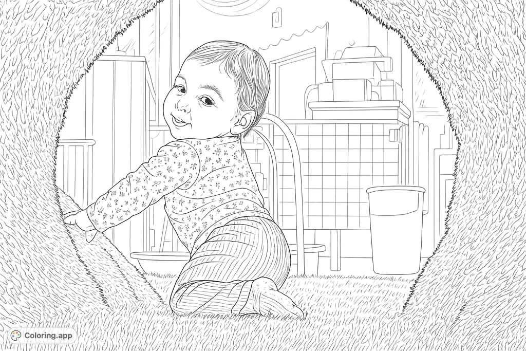 A highly detailed baby coloring page featuring a smiling child peeking from a textured play tunnel, set in a realistic indoor play area. Perfect for intricate coloring.