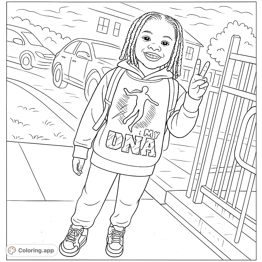 A joyful child with a backpack flashes a peace sign on a sidewalk, ready for adventure. This happy kid coloring page is perfect for young colorists.