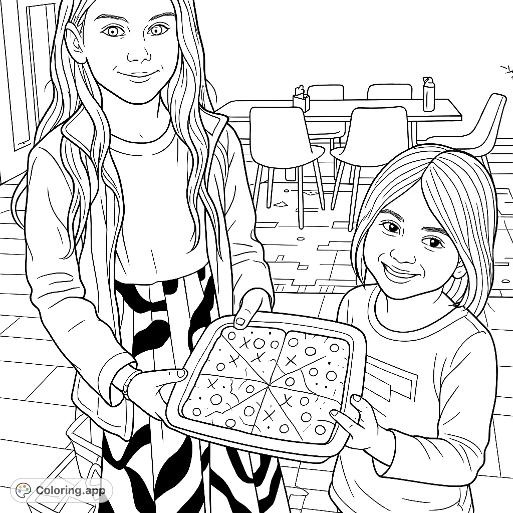 Two happy girls proudly display their creative play-doh pizza, adorned with fun shapes. A delightful scene for kids to color and imagine.