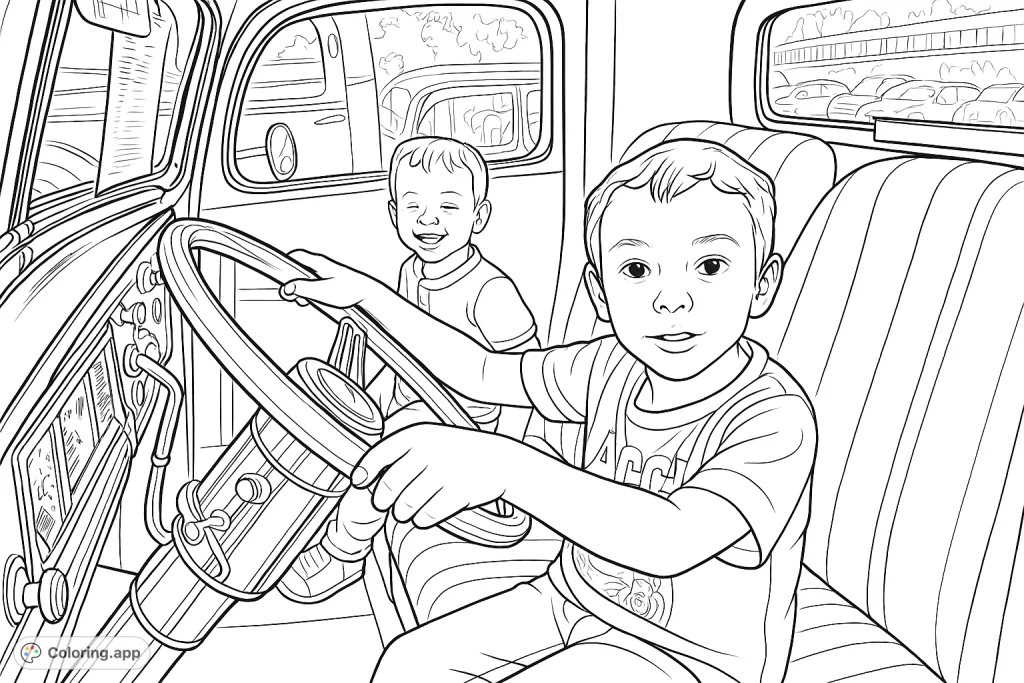 Two happy boys pretend to drive a classic car, exploring the detailed interior. A fun vintage car coloring page for young enthusiasts.