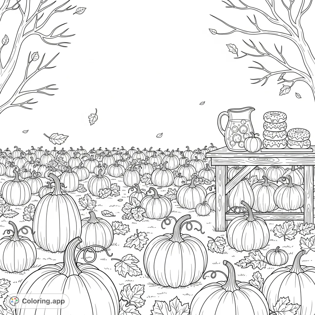 Immerse yourself in a charming fall scene featuring a bountiful pumpkin patch, warm apple cider, and delicious donuts, perfect for autumn creativity.