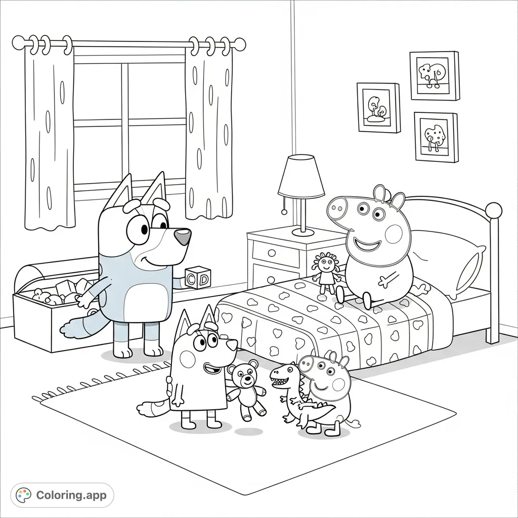 Join Bluey, Bingo, Peppa Pig, and George for a delightful playtime in Peppa's cozy bedroom. A fun and engaging coloring page for kids.