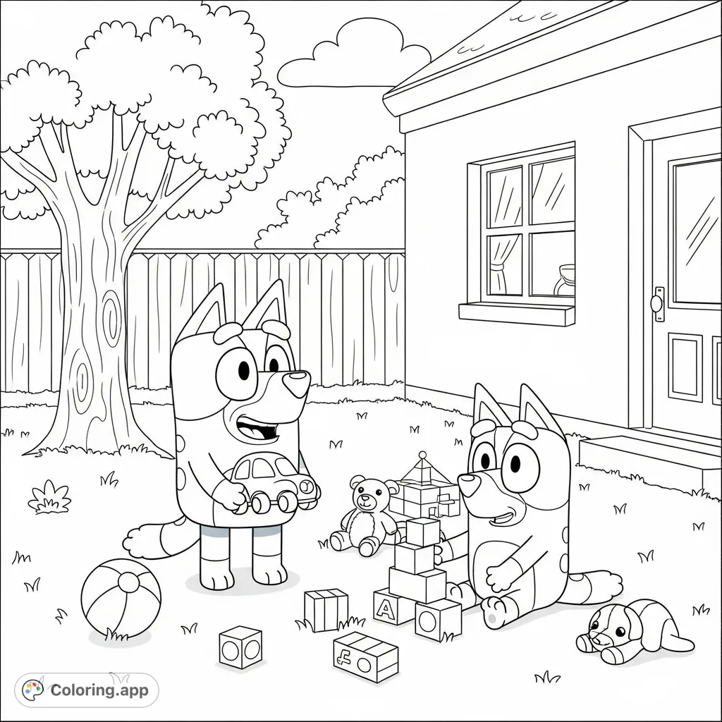 Join Bluey and Bingo for a fun playtime adventure in their backyard! This delightful coloring page features the sisters with toys, perfect for young fans.