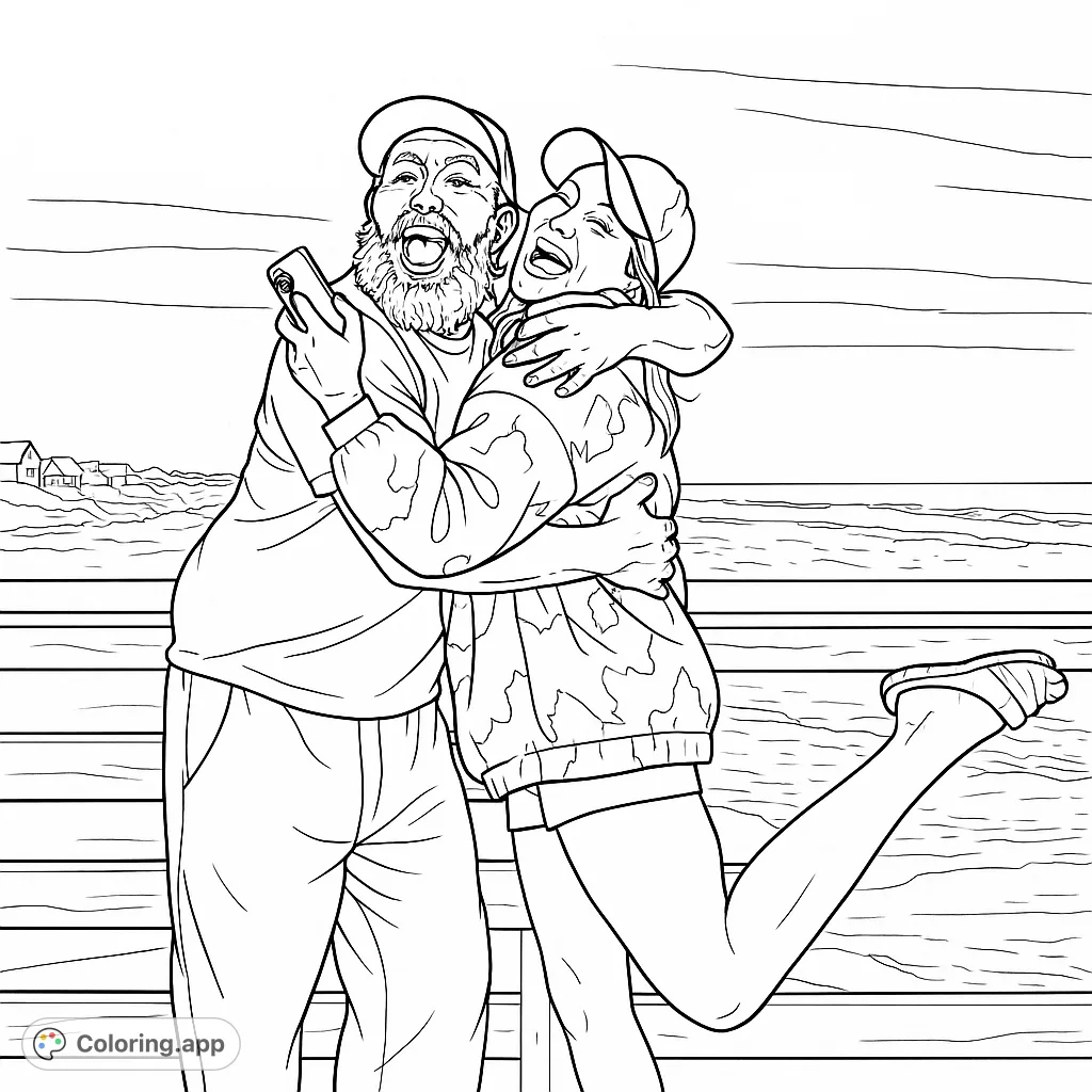 A heartwarming scene of two people embracing and laughing by the ocean, standing on a wooden pier. Perfect for expressing joy and connection.