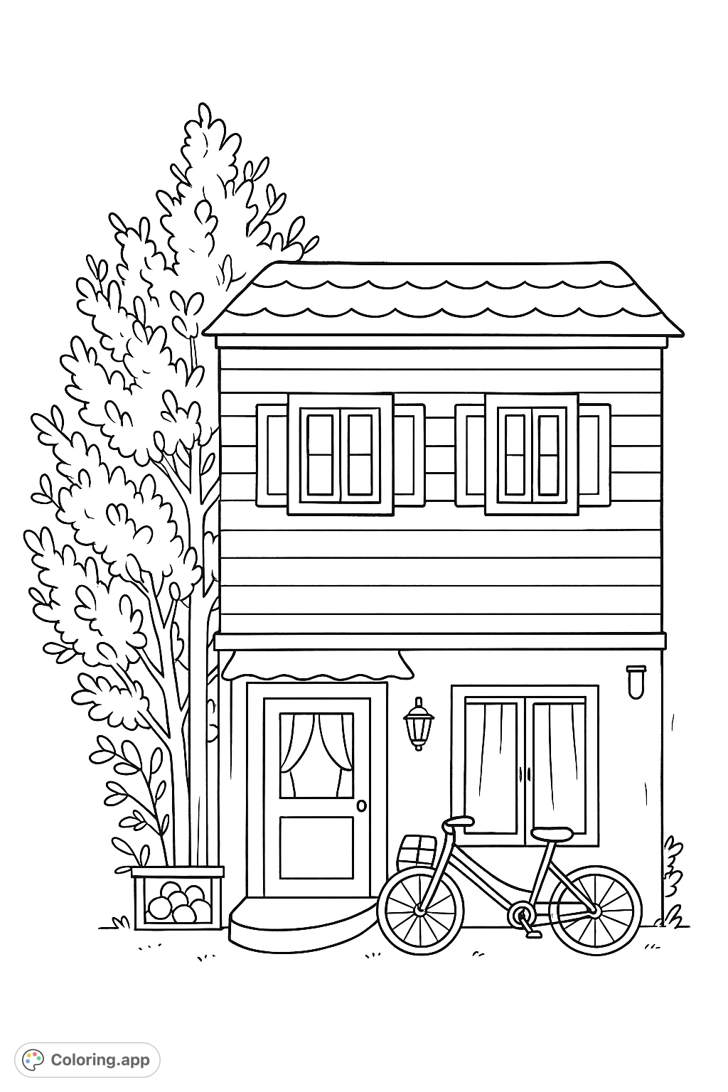 A delightful two-story house with textured walls, a bicycle, and a large tree. Perfect for a relaxing coloring experience, bringing a quaint scene to life.