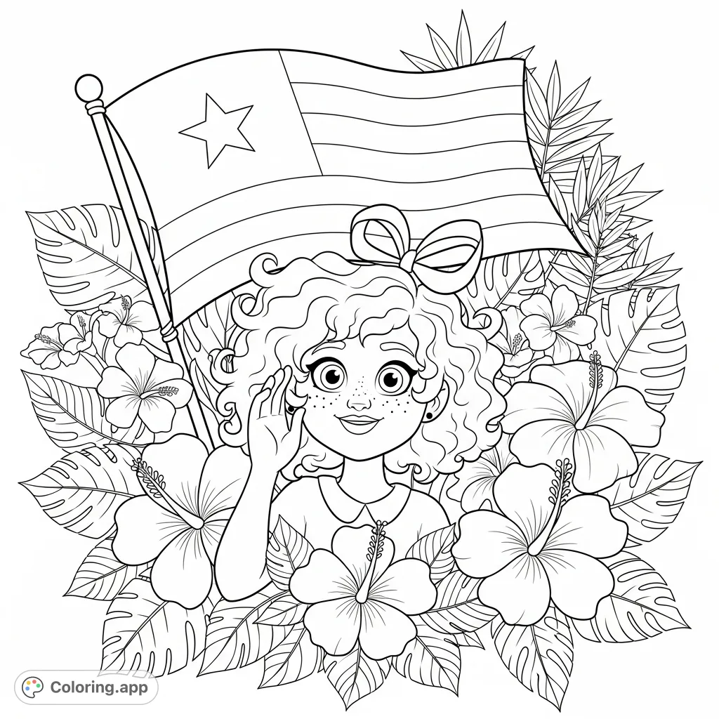 A delightful Rosie coloring page featuring the character with curly hair and hazel eyes, surrounded by tropical flowers and a symbolic flag. Perfect for creative expression.