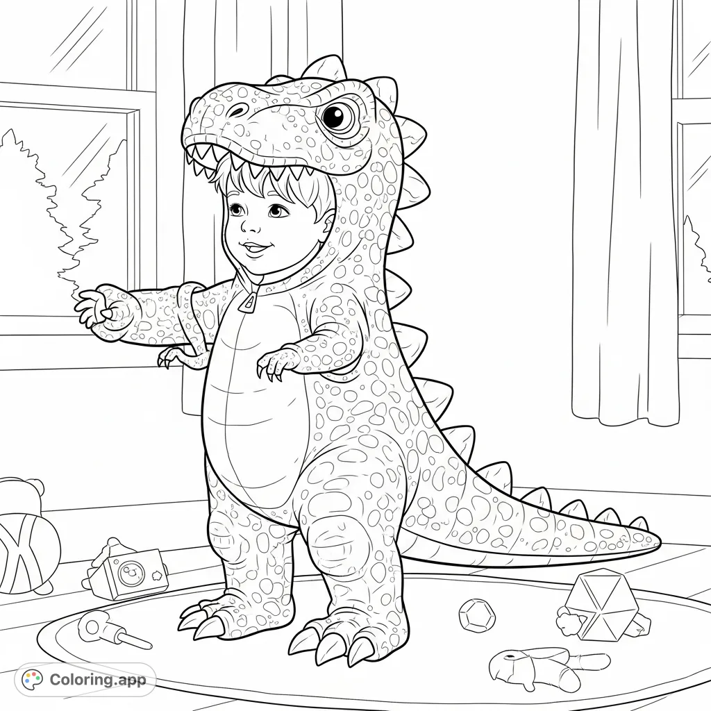 A delightful dinosaur Halloween coloring page featuring a playful toddler getting dressed in a detailed T-Rex costume, ready for festive fun.