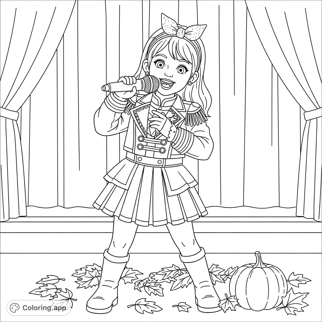 A joyful 4-year-old in a KPOP star costume sings on stage, surrounded by subtle Halloween decor. Perfect for young fans and festive coloring fun!