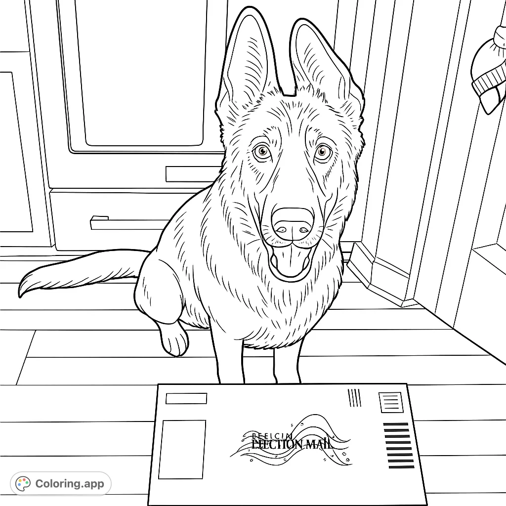 A charming German Shepherd sits attentively with an envelope, ready for a fun coloring adventure. Perfect for dog lovers!