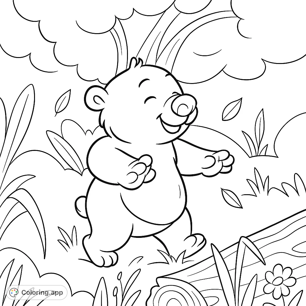 A delightful coloring page featuring a happy cartoon bear enjoying a natural outdoor setting. Perfect for a relaxing and creative activity.