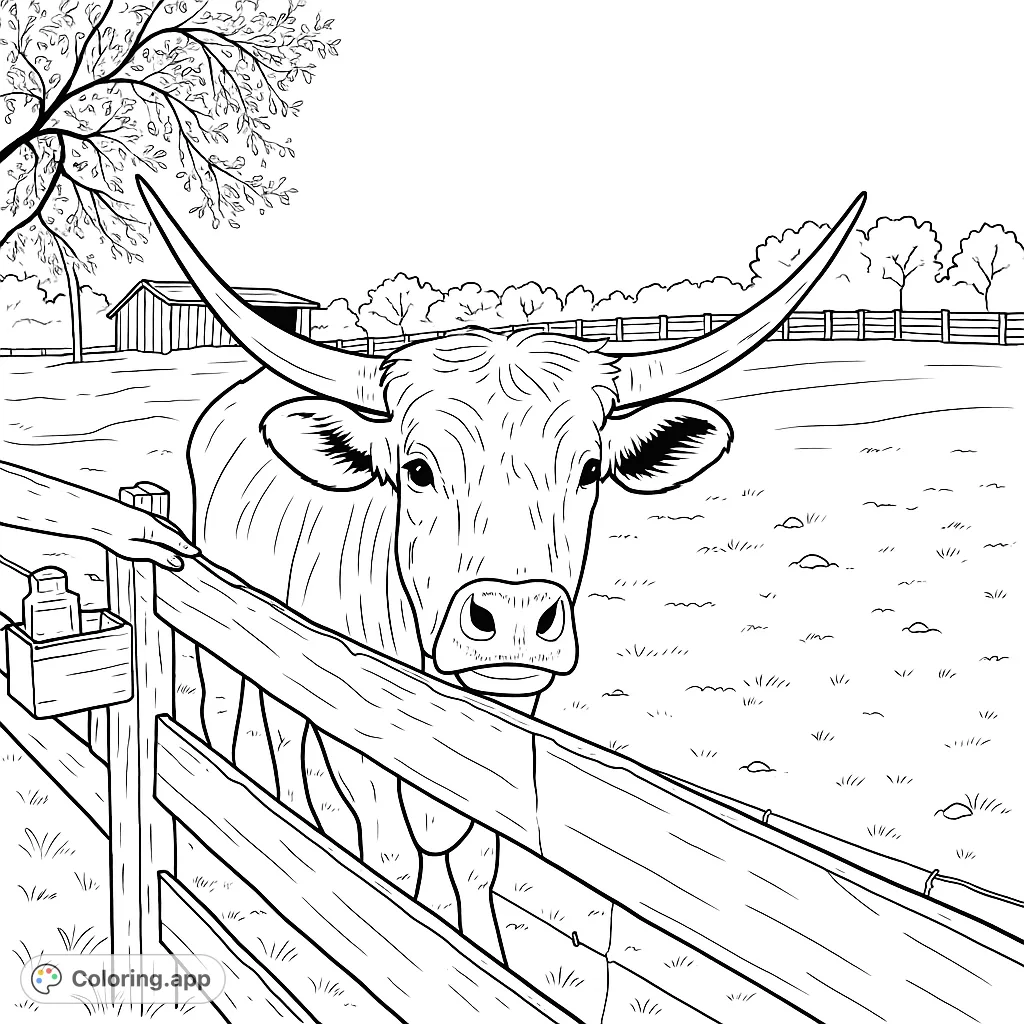 Color a majestic longhorn cow with impressive horns, standing behind a rustic fence in a peaceful field. A charming farm animal scene for all ages.