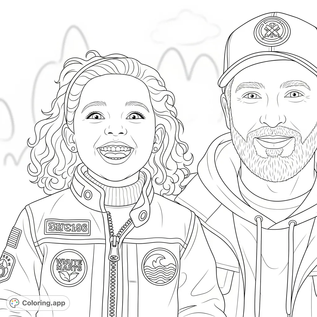 A heartwarming portrait of a smiling young girl with curly hair and an adult man in a cap, featuring detailed clothing and a soft background.