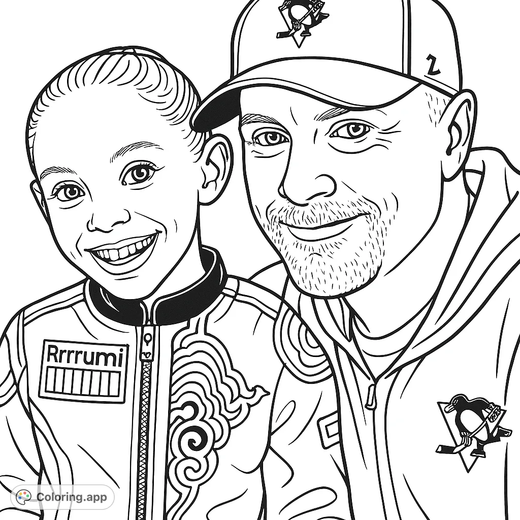 A heartwarming portrait of a smiling young girl in a patterned jacket alongside an adult man in a cap, perfect for a personalized coloring experience.